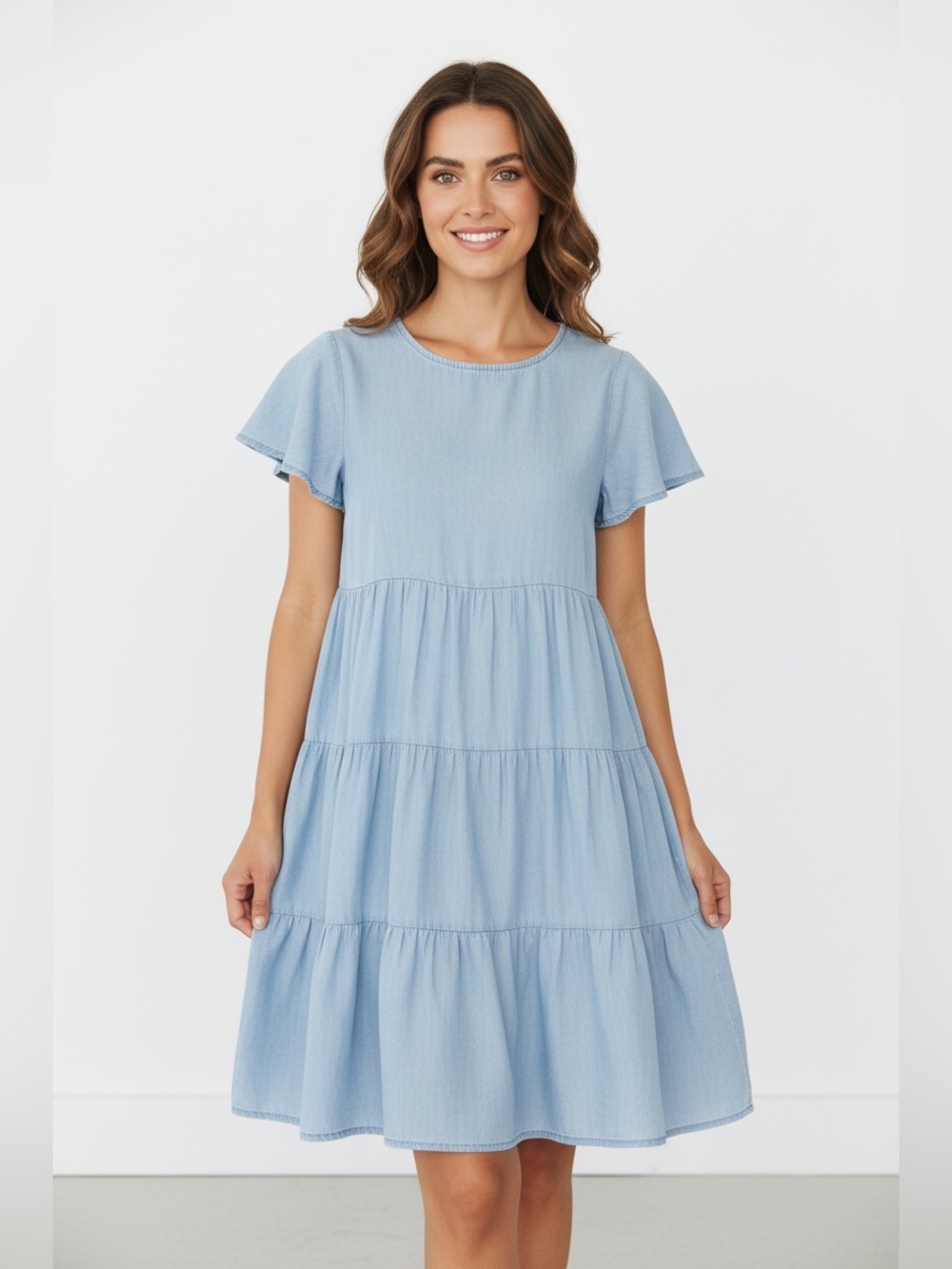 Mikarose Light Blue Tiered Flutter-Sleeve Dress